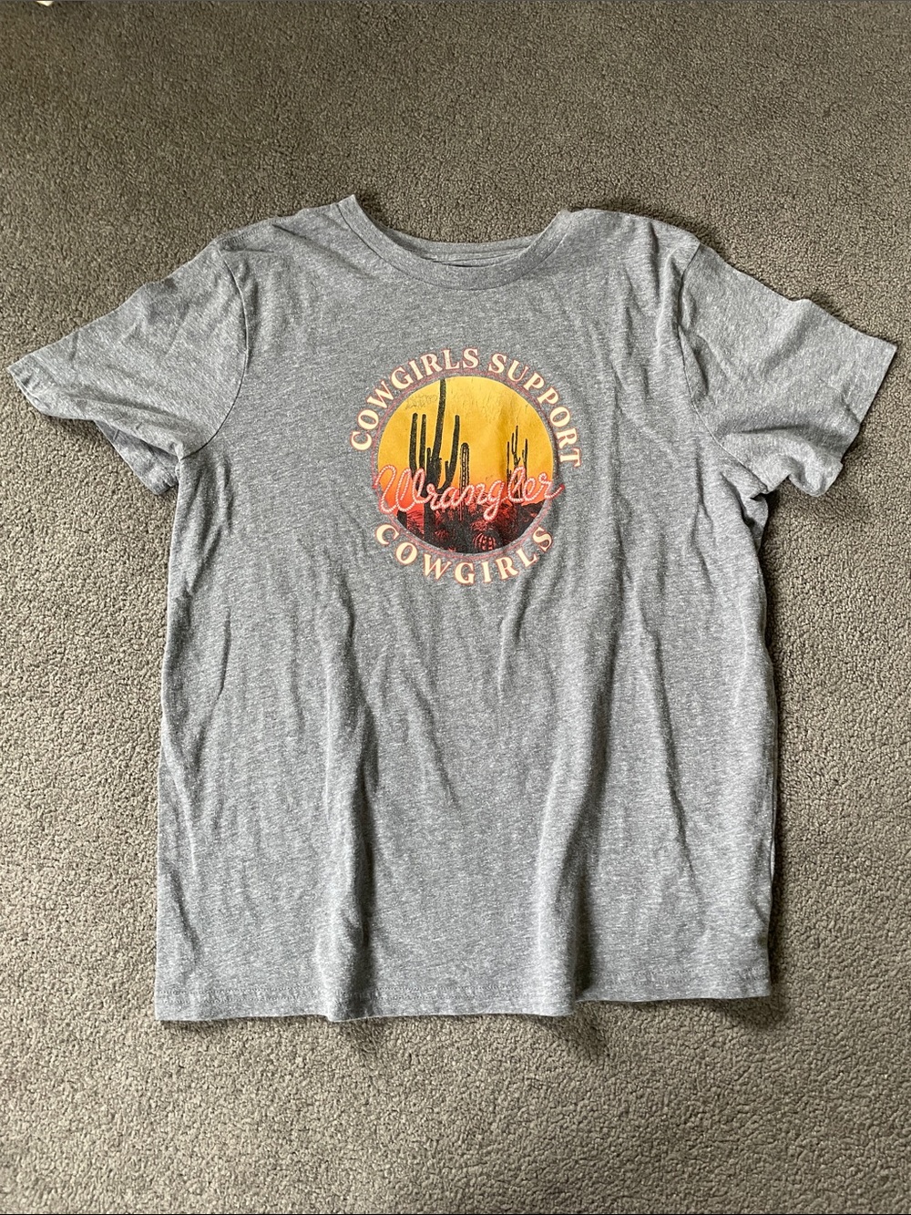 Wrangler Gray Short Sleeve Tee with Sunset Cowgirl Graphic